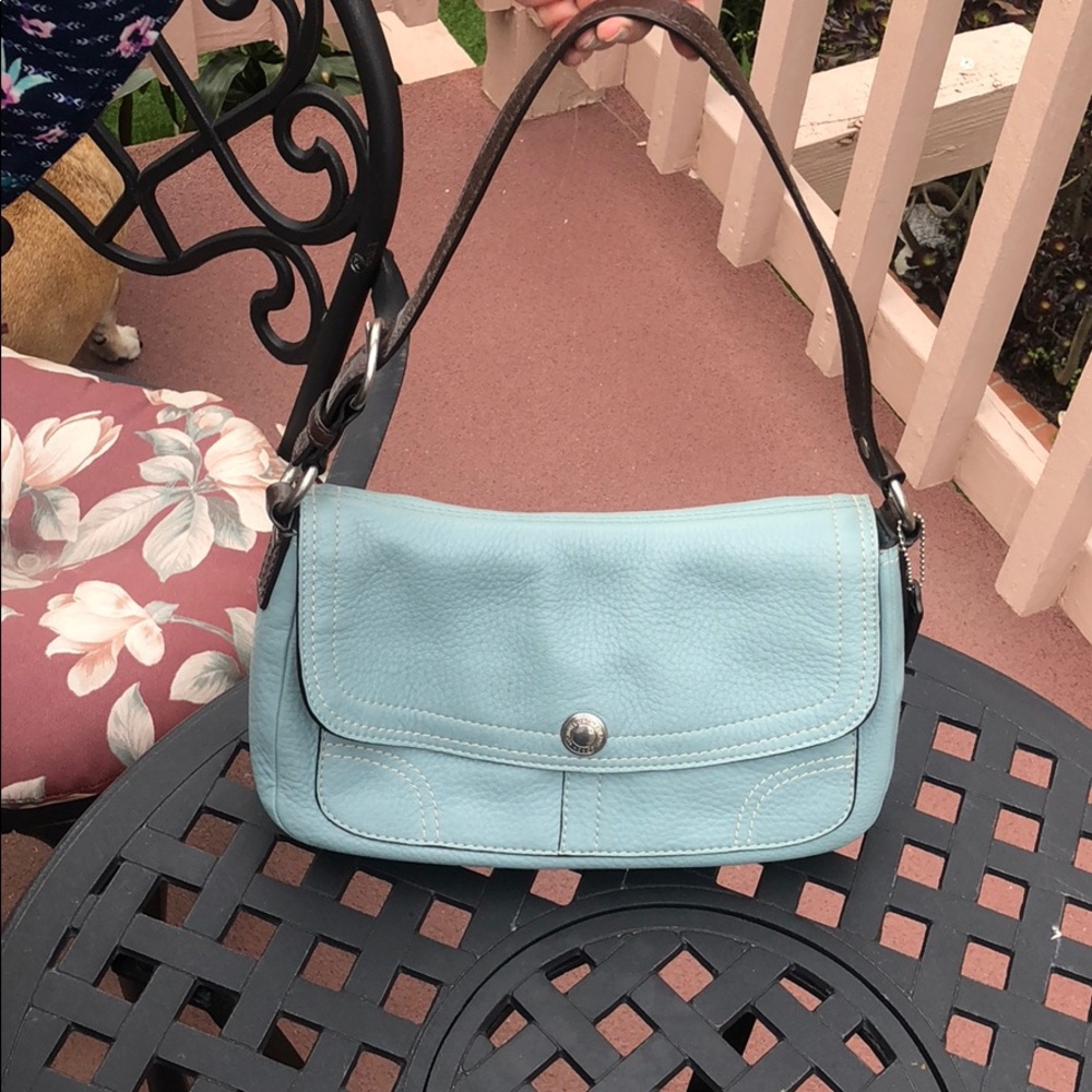 Blue/aqua coach bag w/brown straps